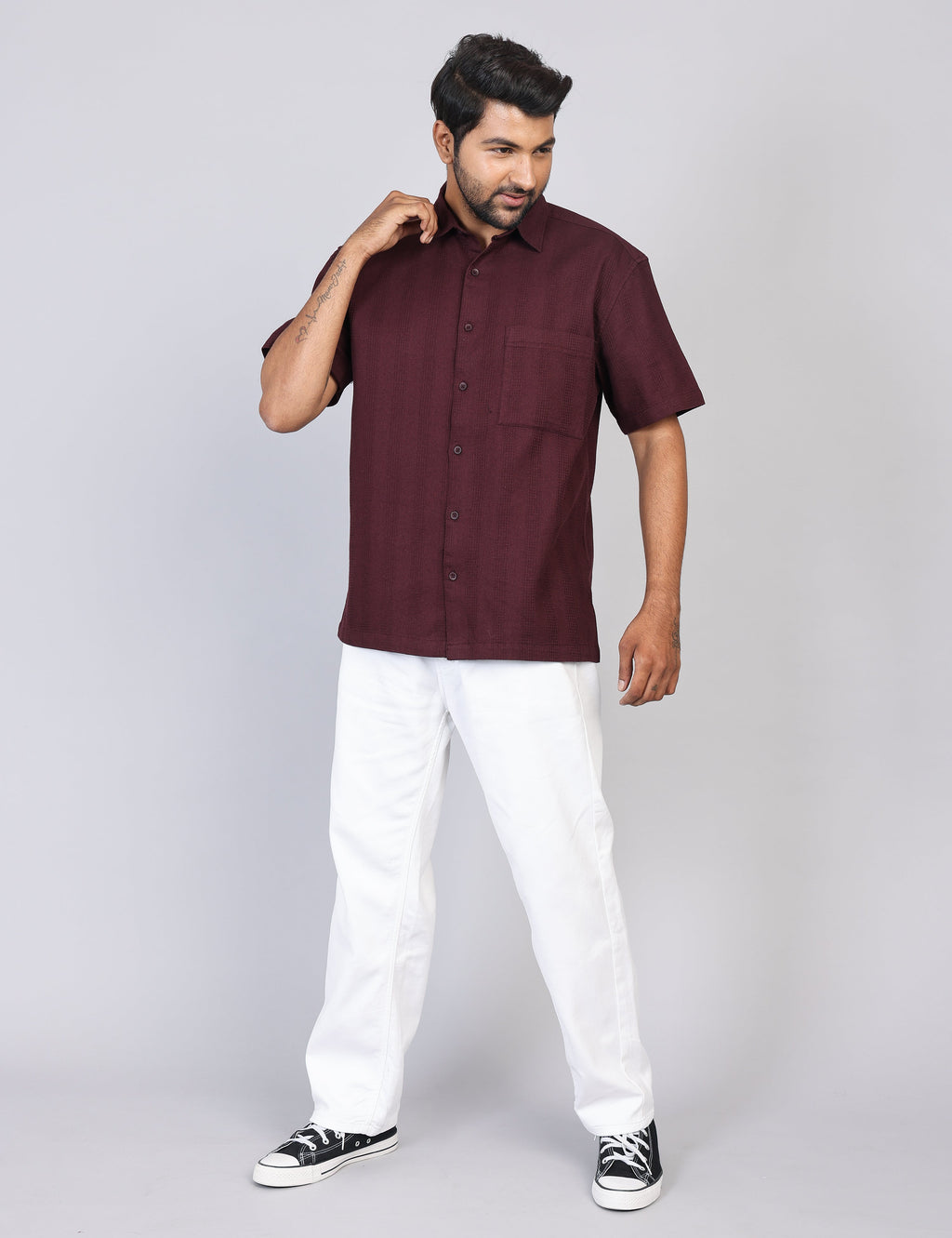 Men’s Maroon Solid Oversized Shirt – Relaxed Fit | 100% Cotton