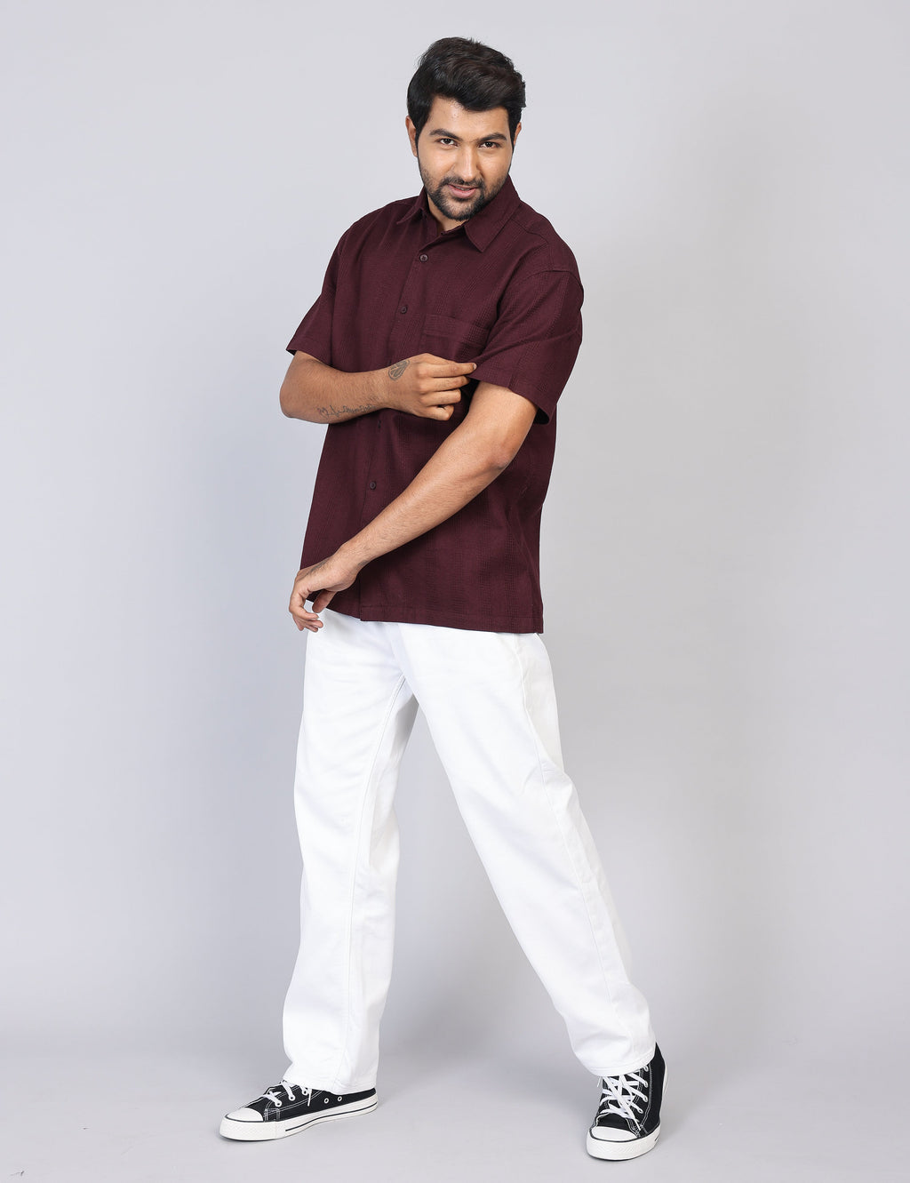 Men’s Maroon Solid Oversized Shirt – Relaxed Fit | 100% Cotton
