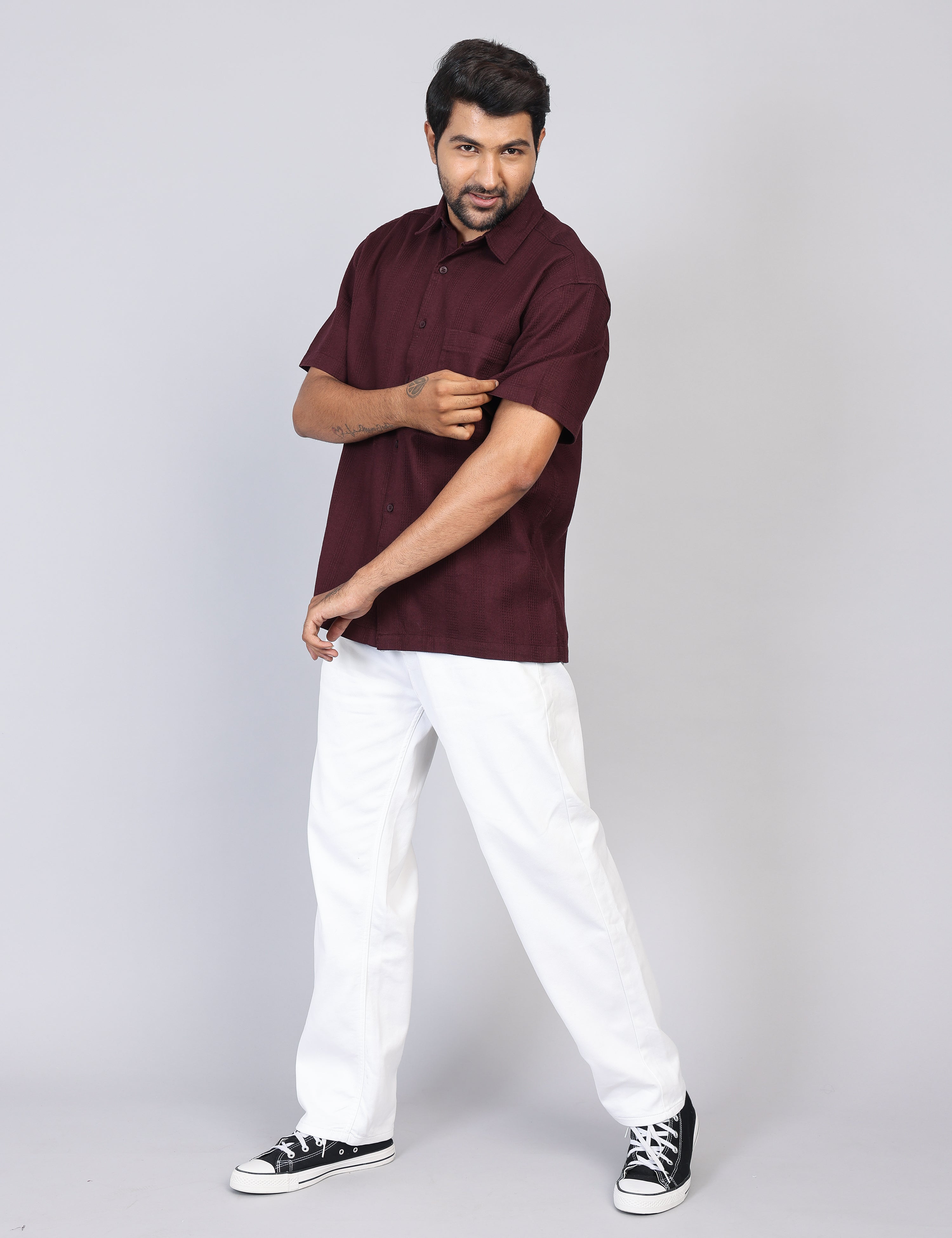 Men’s Maroon Solid Oversized Shirt – Relaxed Fit | 100% Cotton