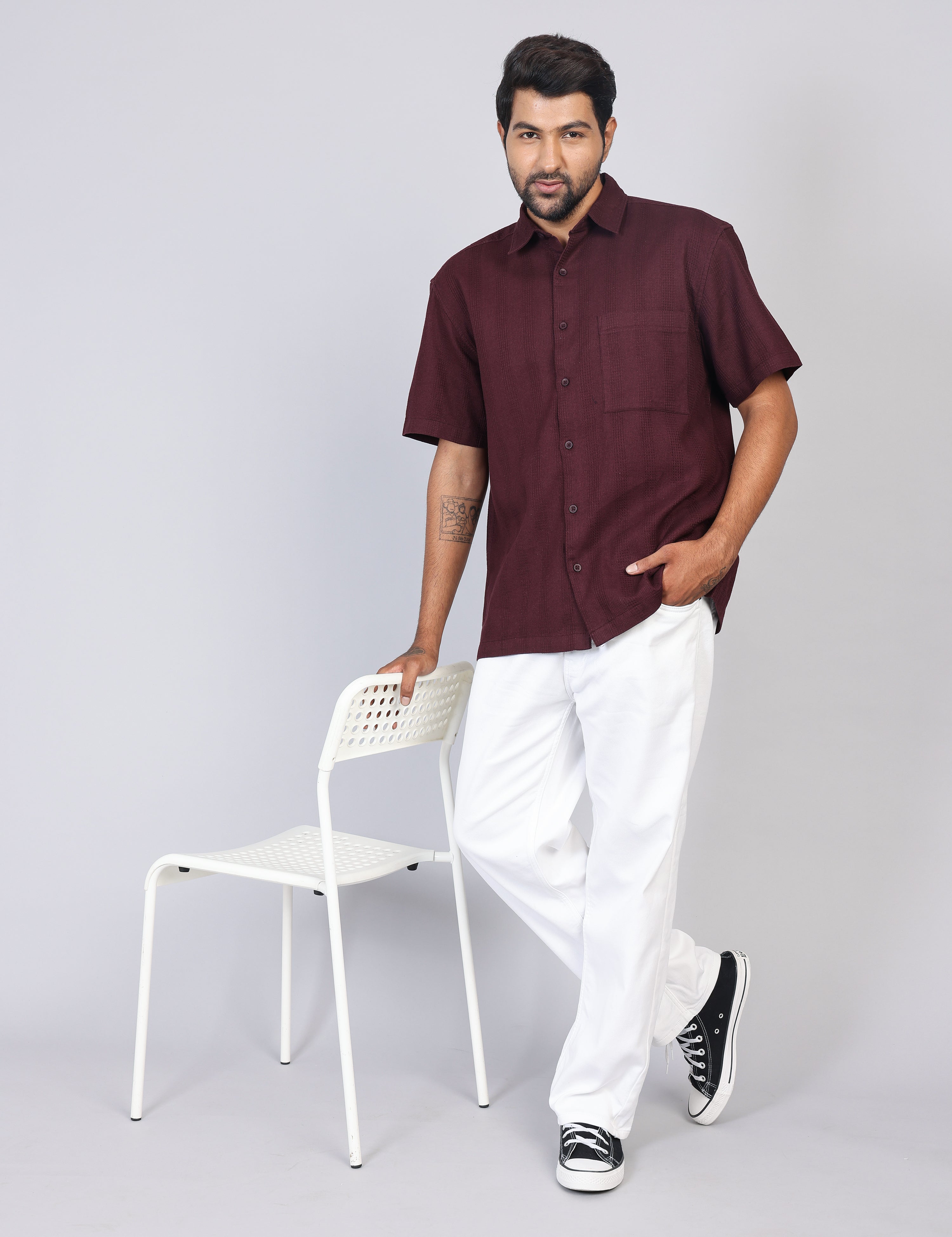 Men’s Maroon Solid Oversized Shirt – Relaxed Fit | 100% Cotton