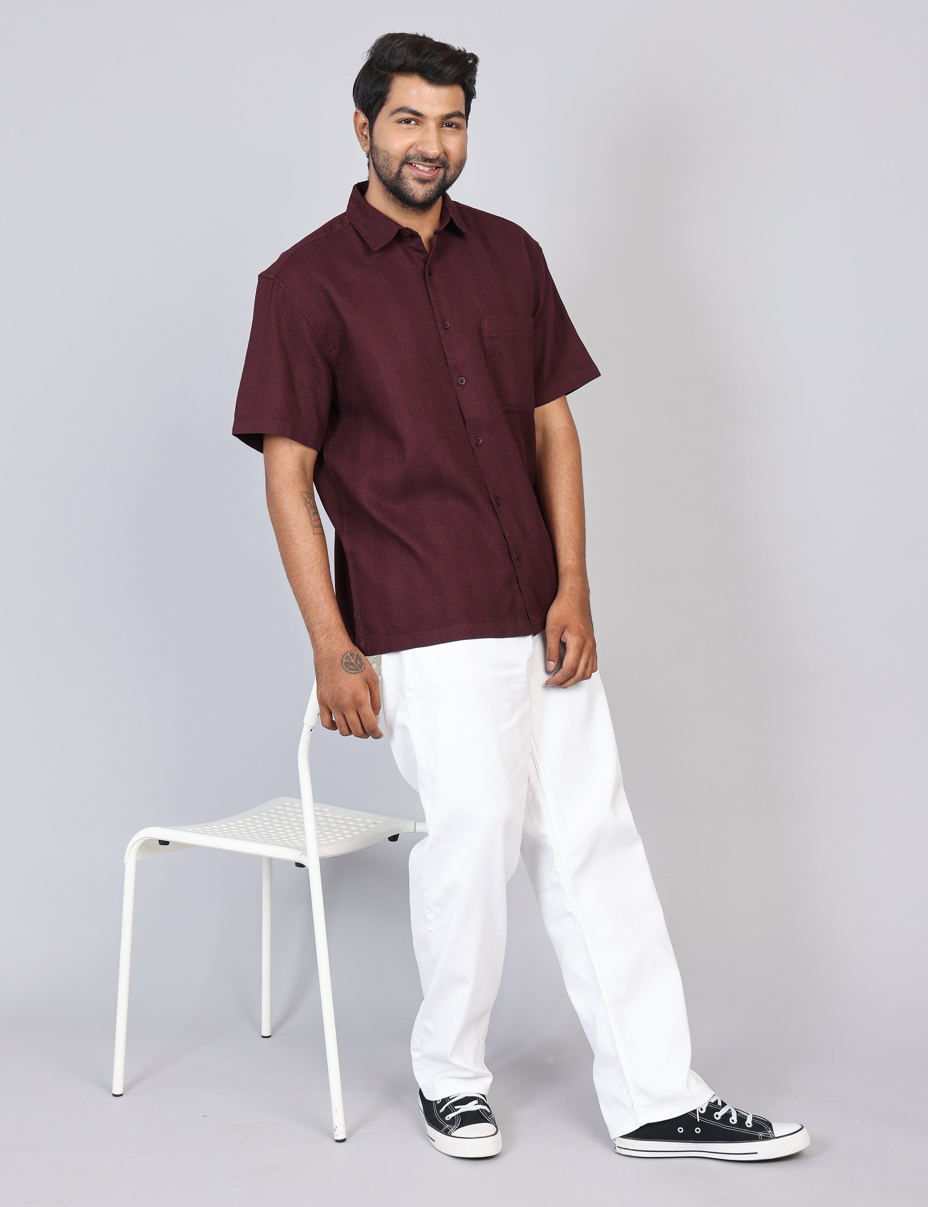 Men’s Maroon Solid Oversized Shirt – Relaxed Fit | 100% Cotton