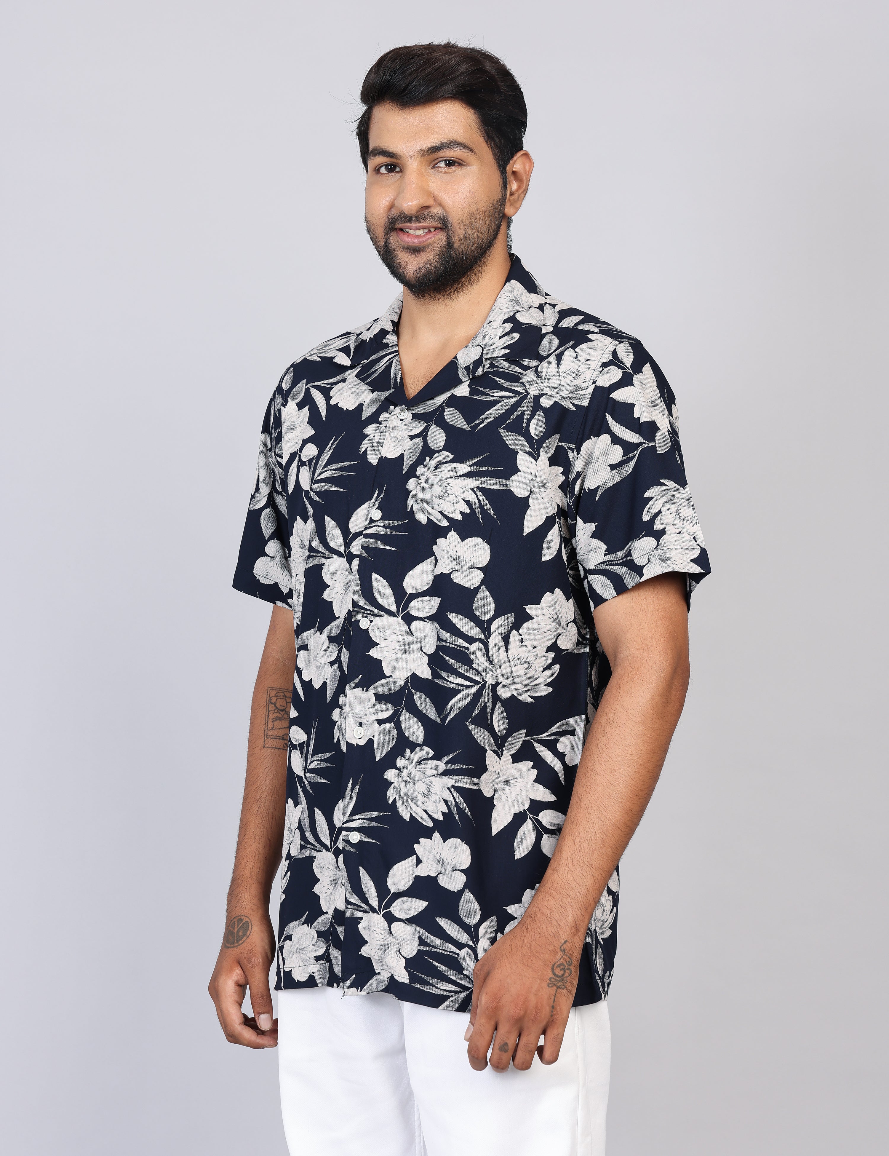 Men’s Navy Printed Half Sleeve Shirt – Regular Fit | 100% Rayon