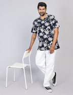 Men’s Navy Printed Half Sleeve Shirt – Regular Fit | 100% Rayon