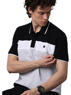 Men's Short Sleeve Polo T-Shirt with Black Contrast Stripes, White, Grey
