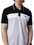 Men's Short Sleeve Polo T-Shirt with Black Contrast Stripes, White, Grey