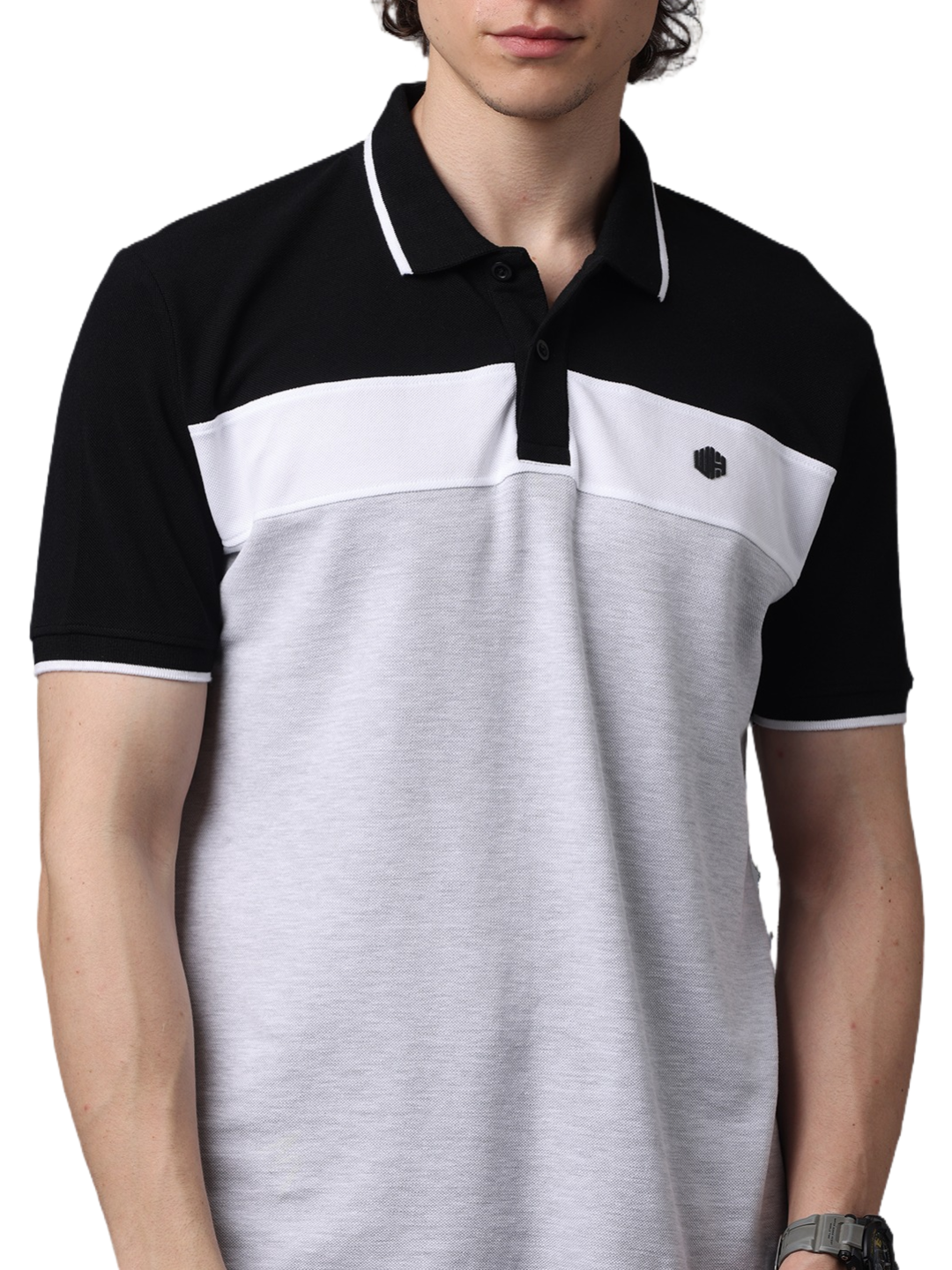 Men's Short Sleeve Polo T-Shirt with Black Contrast Stripes, White, Grey