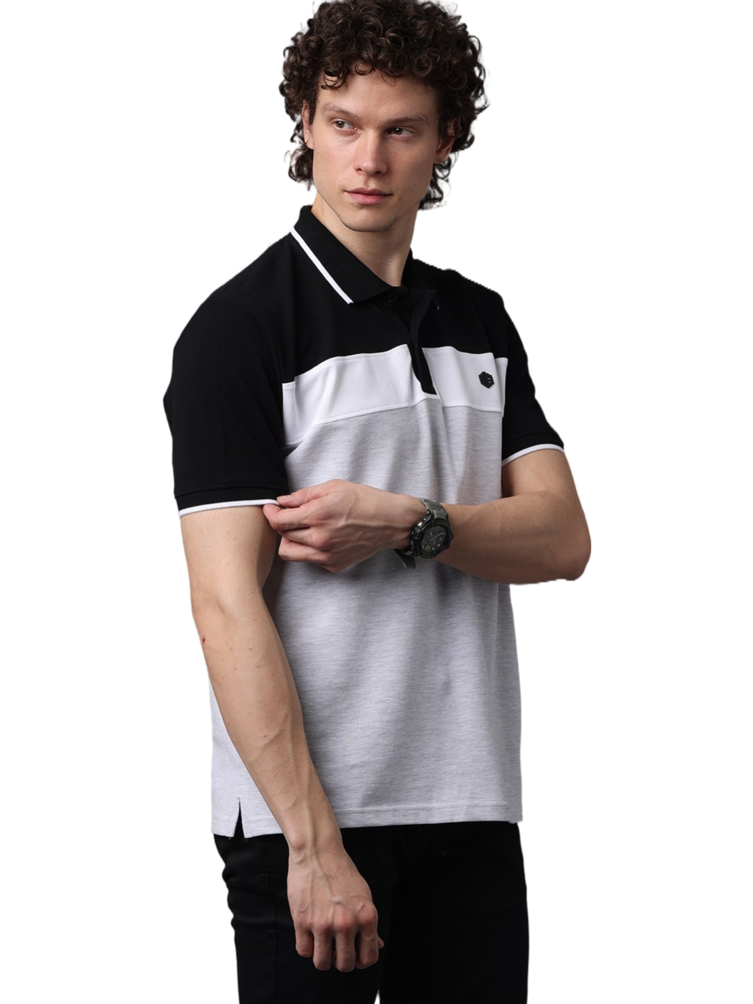 Men's Short Sleeve Polo T-Shirt with Black Contrast Stripes, White, Grey