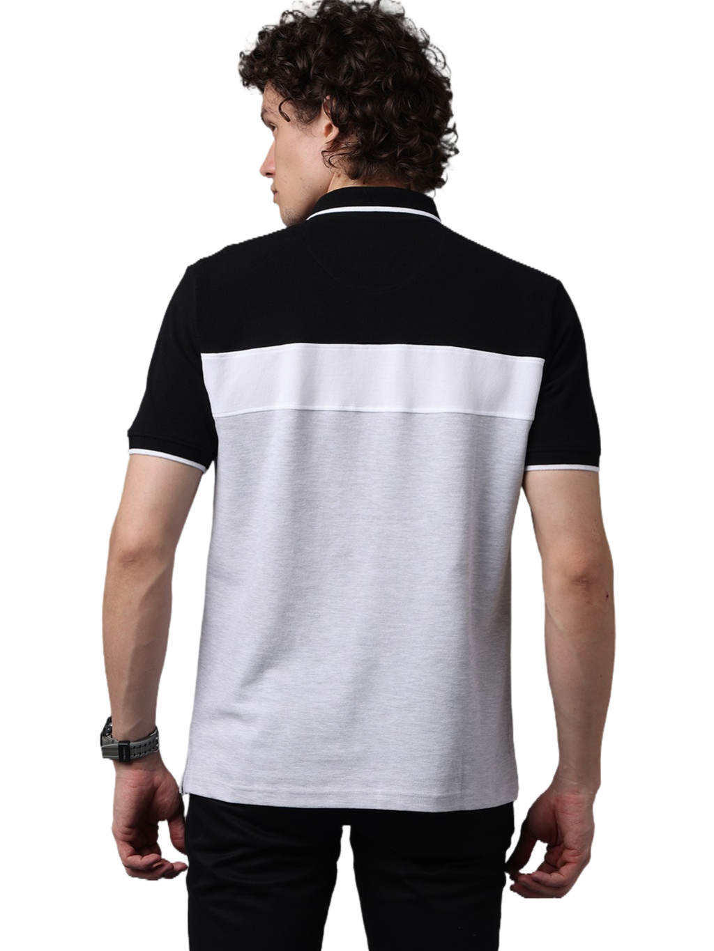 Men's Short Sleeve Polo T-Shirt with Black Contrast Stripes, White, Grey