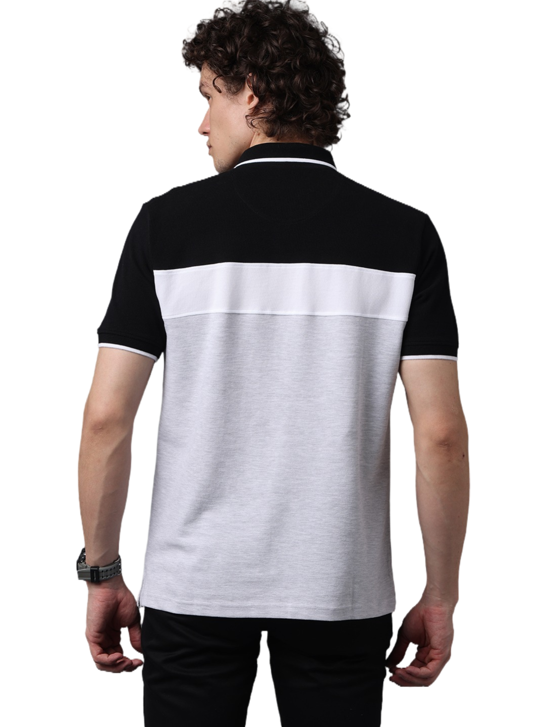 Men's Short Sleeve Polo T-Shirt with Black Contrast Stripes, White, Grey
