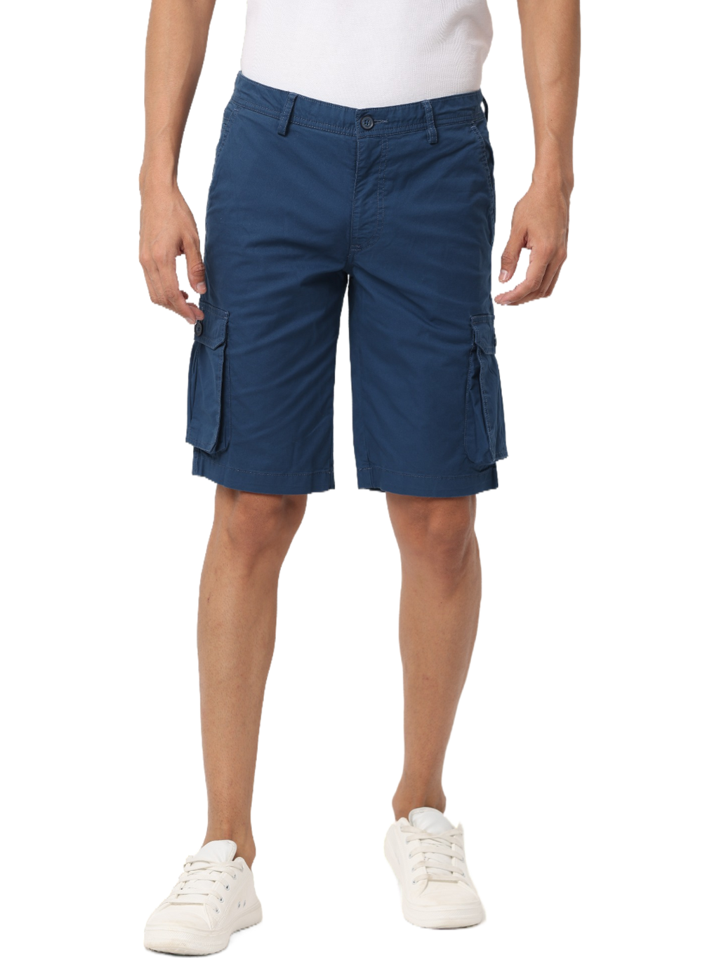 Men's Cotton Knee Length Solid Cargo Shorts, Blue