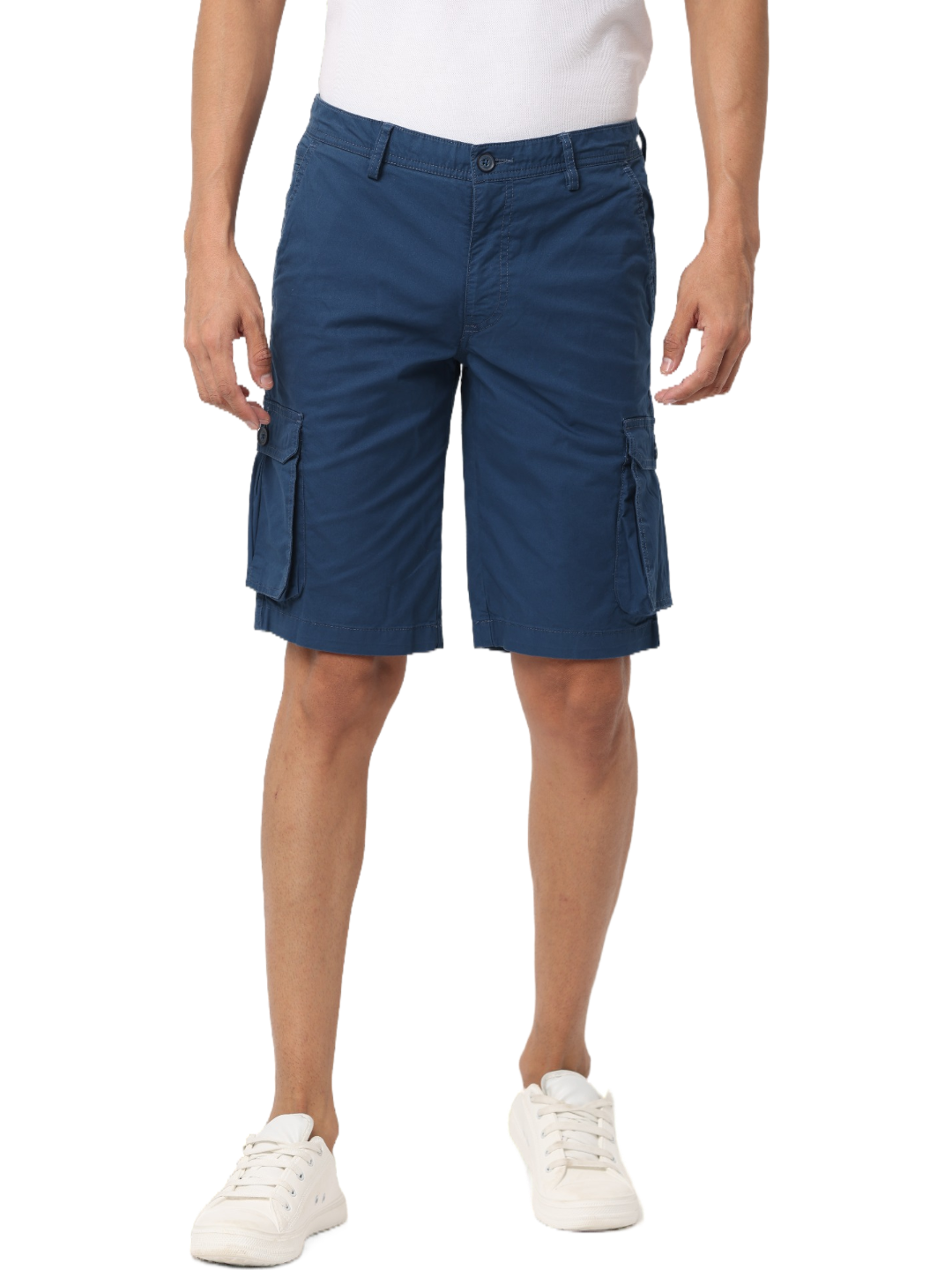 Men's Cotton Knee Length Solid Cargo Shorts, Blue