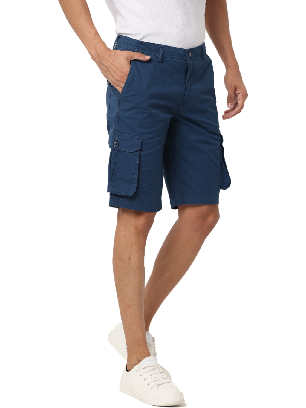 Men's Cotton Knee Length Solid Cargo Shorts, Blue