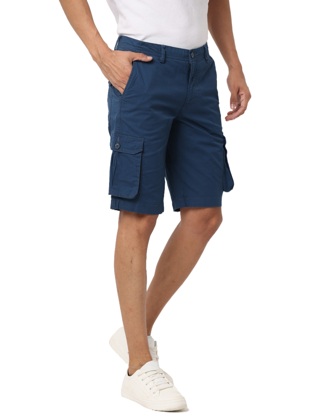 Men's Cotton Knee Length Solid Cargo Shorts, Blue
