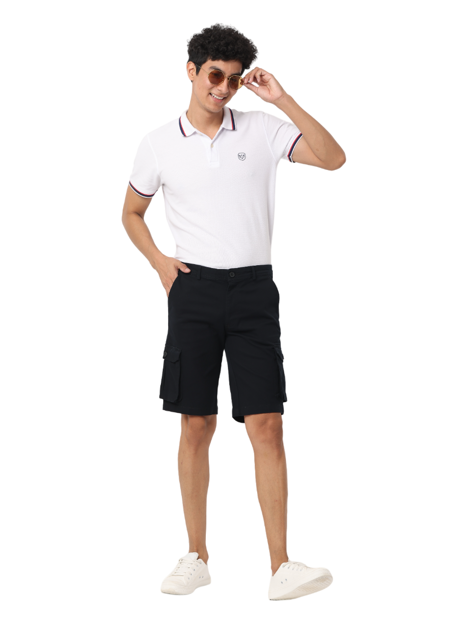 Men's Cotton Knee Length Solid Cargo Shorts, Black