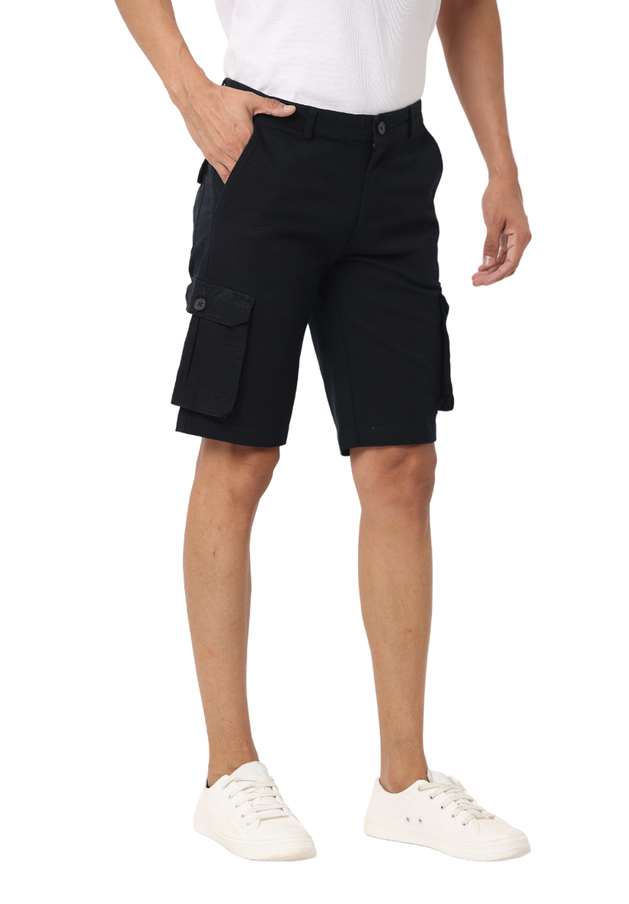 Men's Cotton Knee Length Solid Cargo Shorts, Black