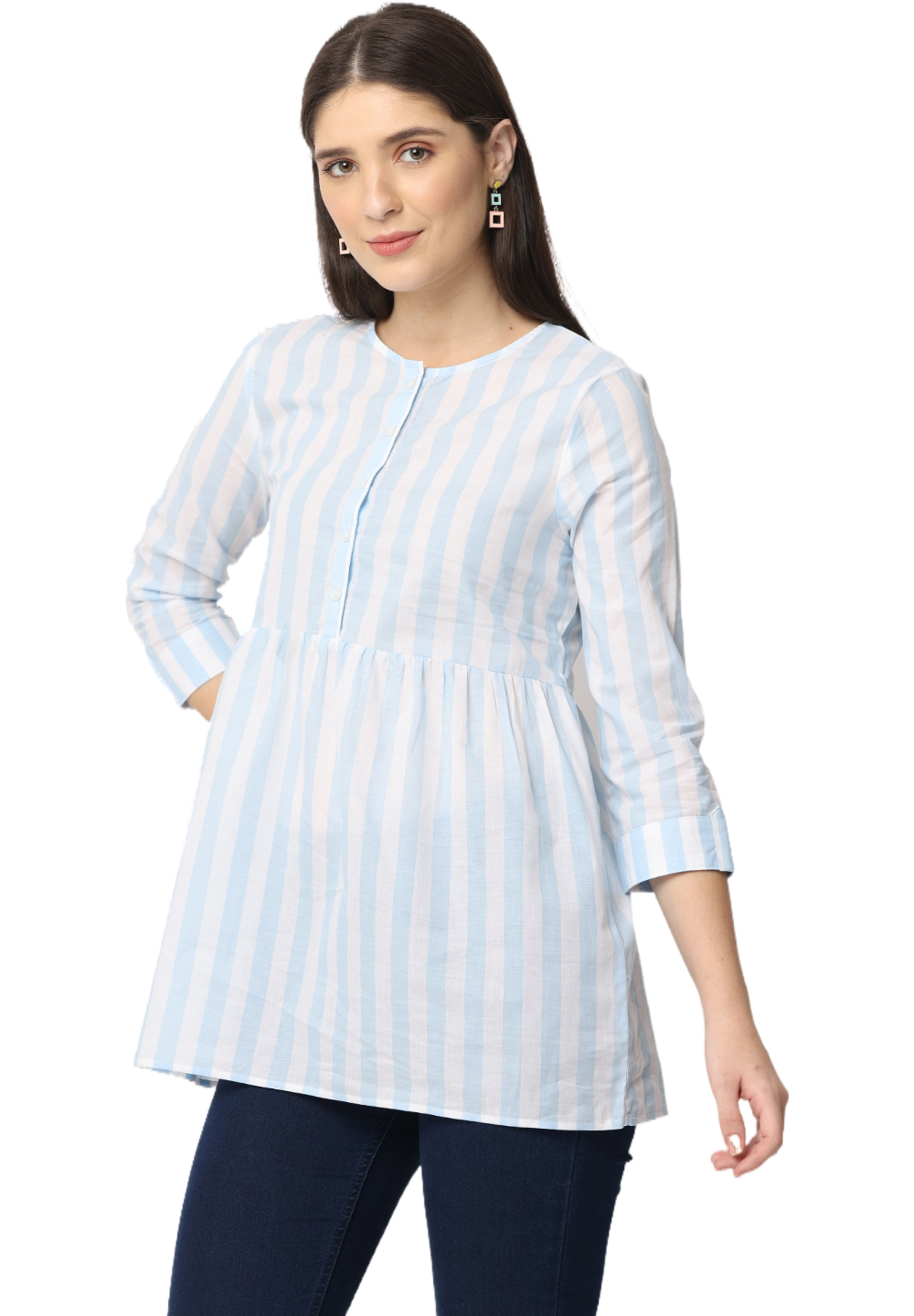 Women's Blue Striped Cotton Kurta Top