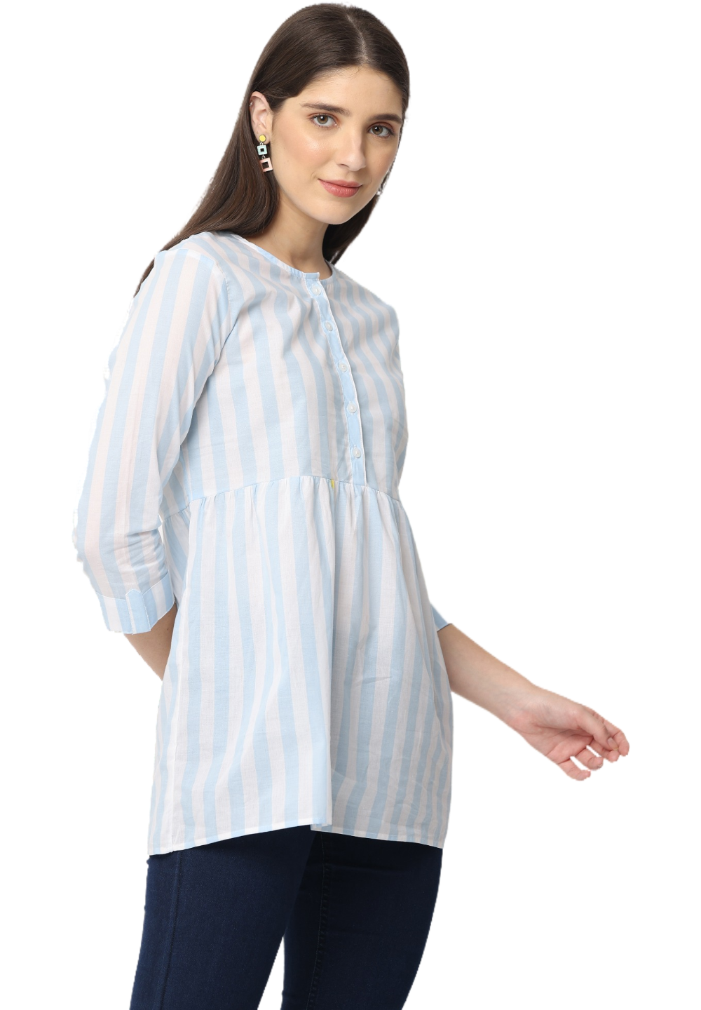 Women's Blue Striped Cotton Kurta Top