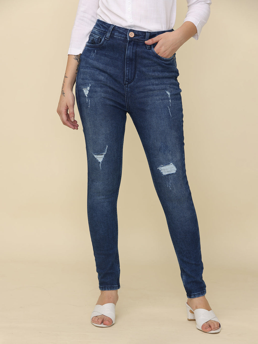 Women's Skinny Fit High Rise Distressed Jeans Trouser, Dark Blue