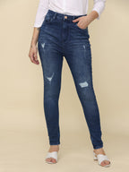 Women's Skinny Fit High Rise Distressed Jeans Trouser, Dark Blue