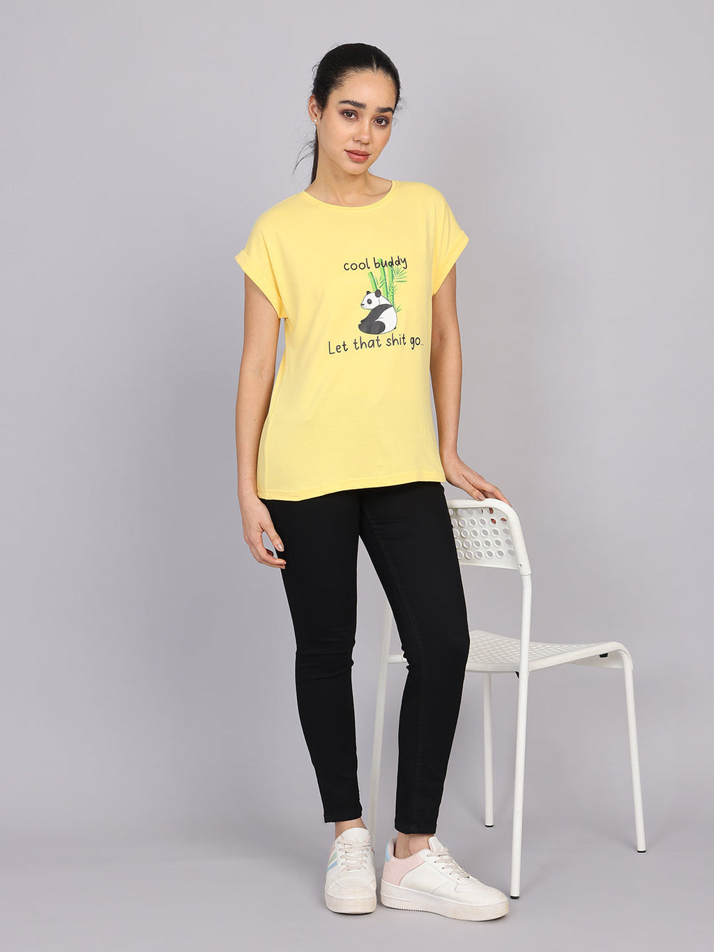 Women’s Yellow Dolman Sleeve Chest Print T-Shirt