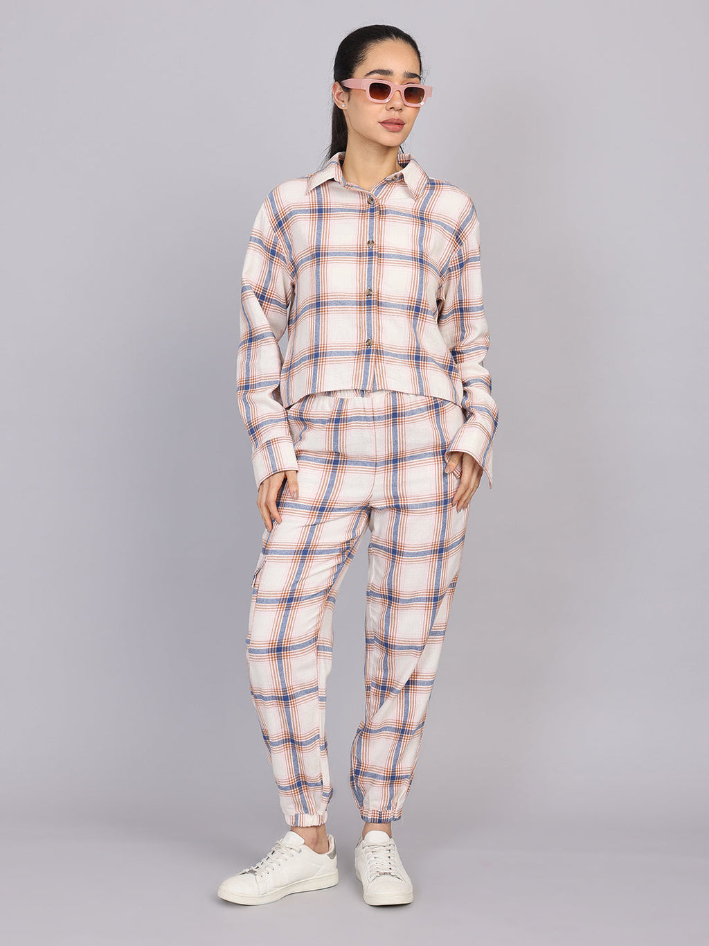 Women’s Off-White Checked Woven Shirt (Half Sleeve)