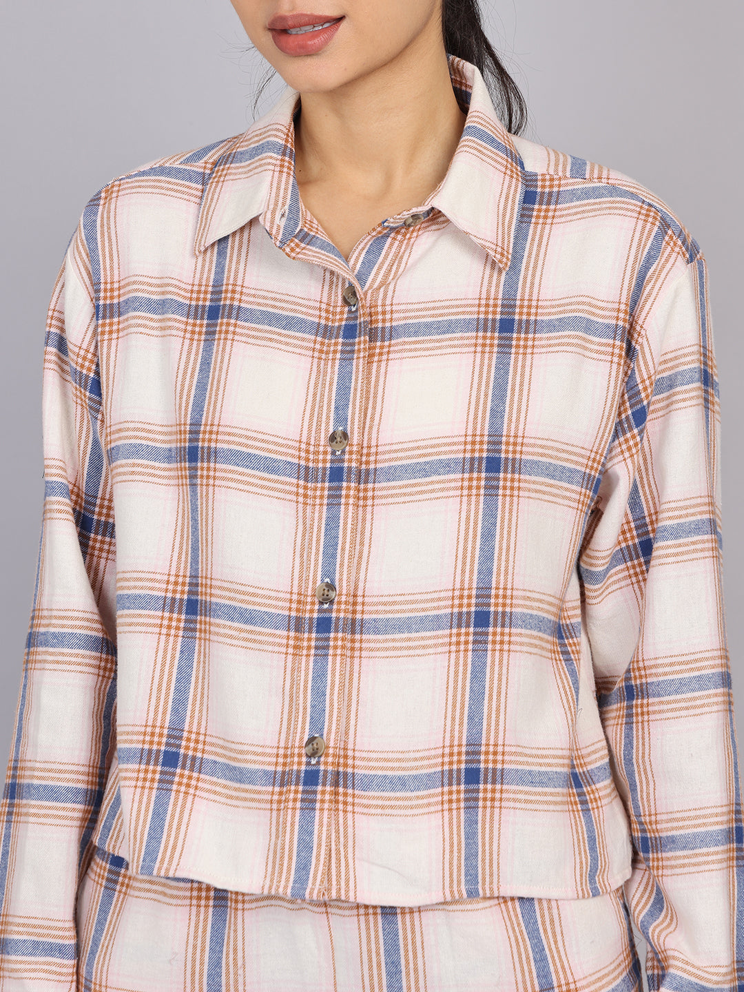 Women’s Off-White Checked Woven Shirt (Half Sleeve)