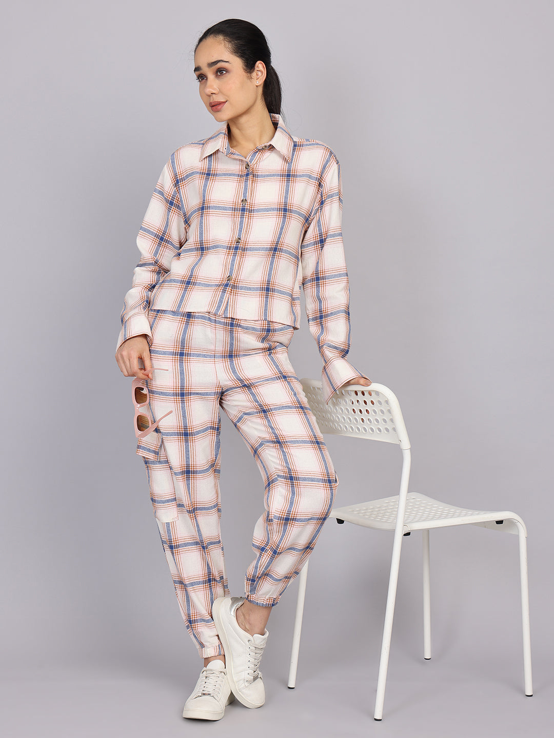 Women’s Off-White Checked Woven Shirt (Half Sleeve)