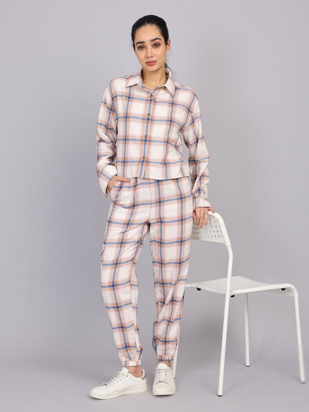 Women’s Off-White Checked Woven Shirt (Half Sleeve)