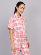 Women’s Pink Checked Woven Shirt (Half Sleeve)