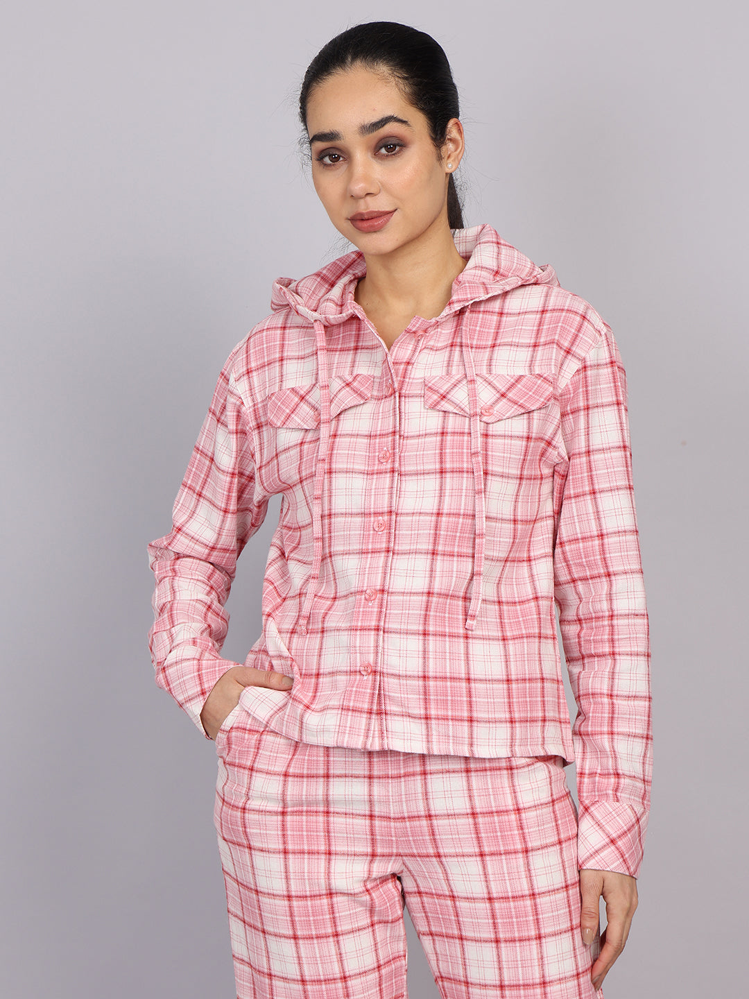 Women’s Pink Checked Hooded Woven Shirt