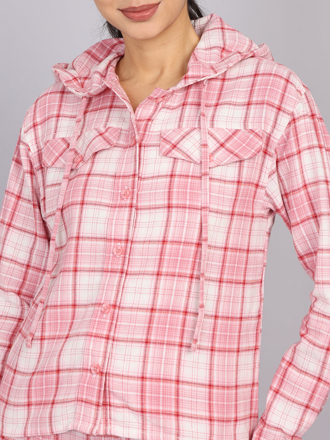 Women’s Pink Checked Hooded Woven Shirt