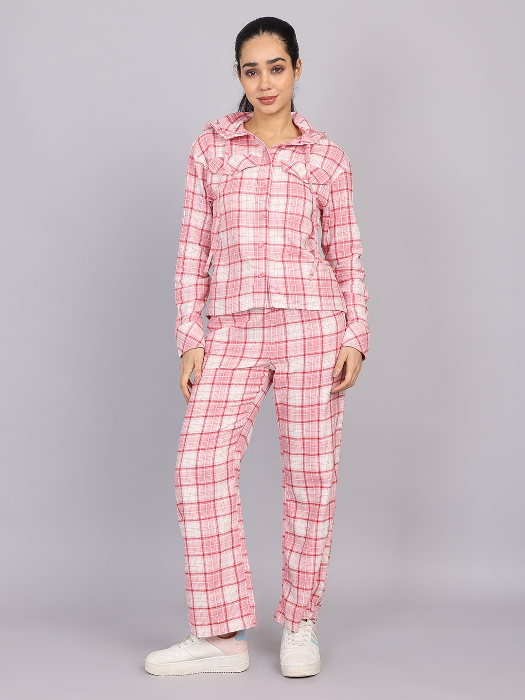 Women’s Pink Checked Hooded Woven Shirt