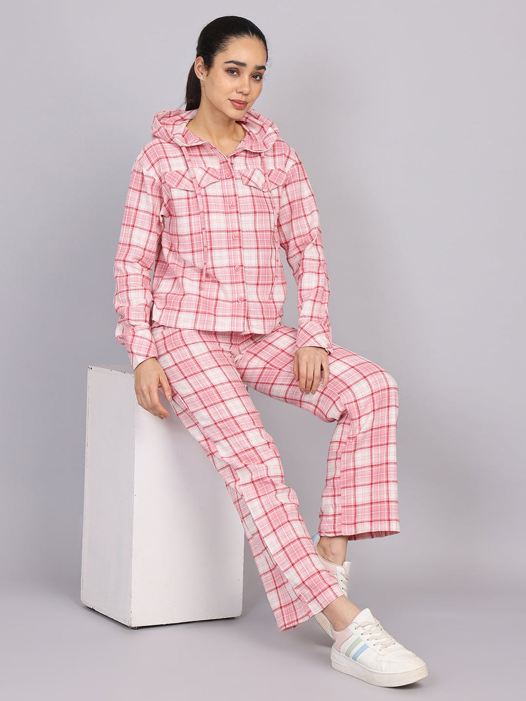 Women’s Pink Checked Hooded Woven Shirt