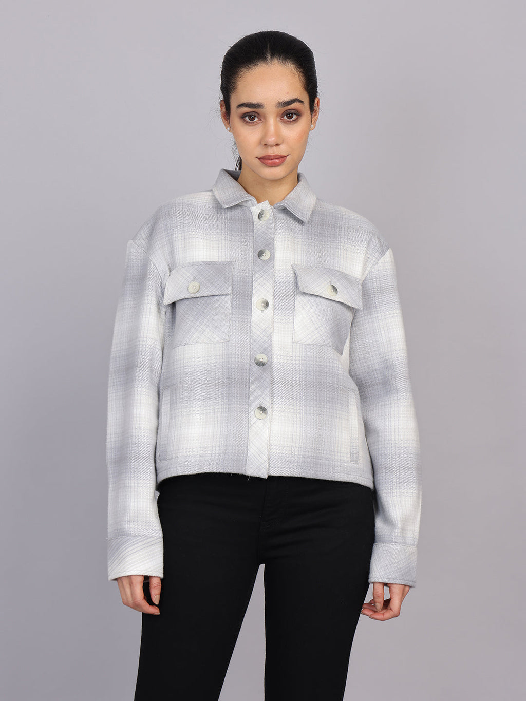 Women’s Grey Checked Woven Shirt (Full Sleeve)