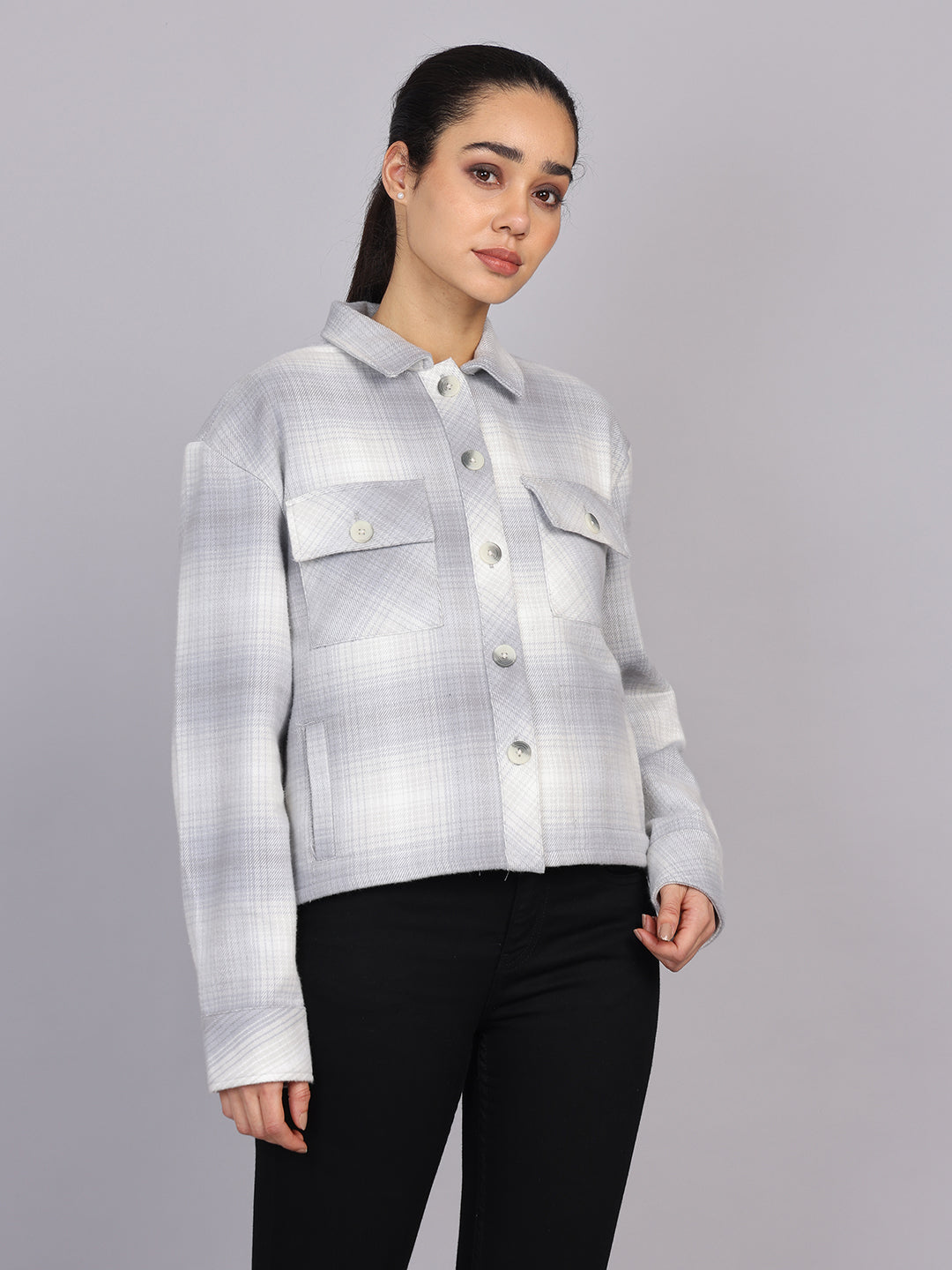 Women’s Grey Checked Woven Shirt (Full Sleeve)