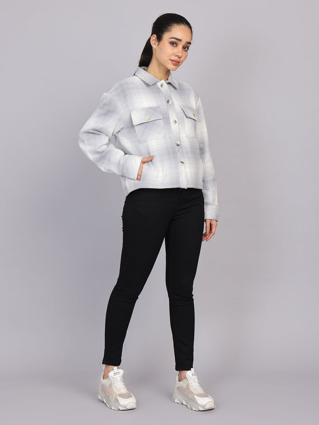Women’s Grey Checked Woven Shirt (Full Sleeve)