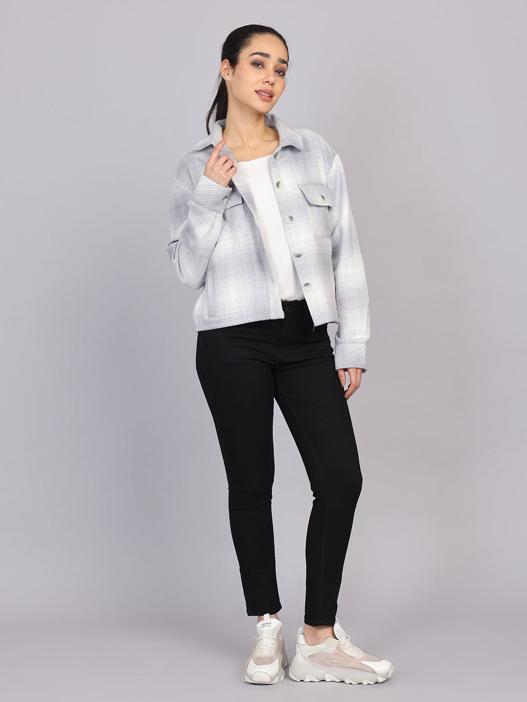 Women’s Grey Checked Woven Shirt (Full Sleeve)