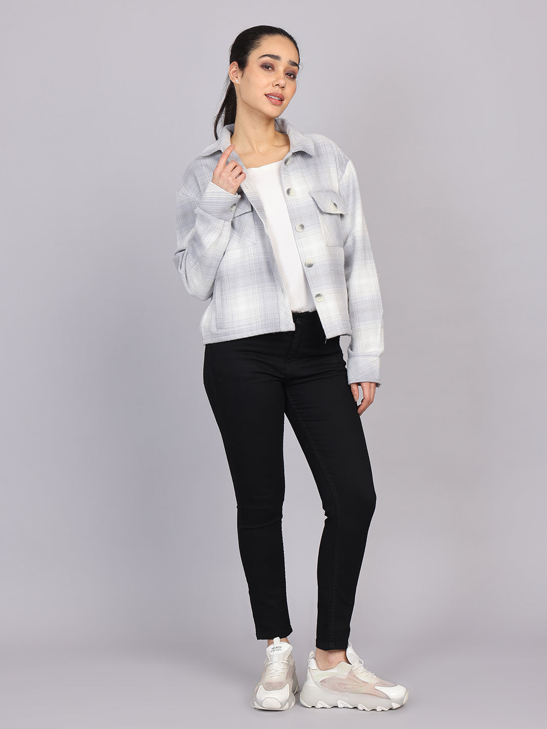 Women’s Grey Checked Woven Shirt (Full Sleeve)