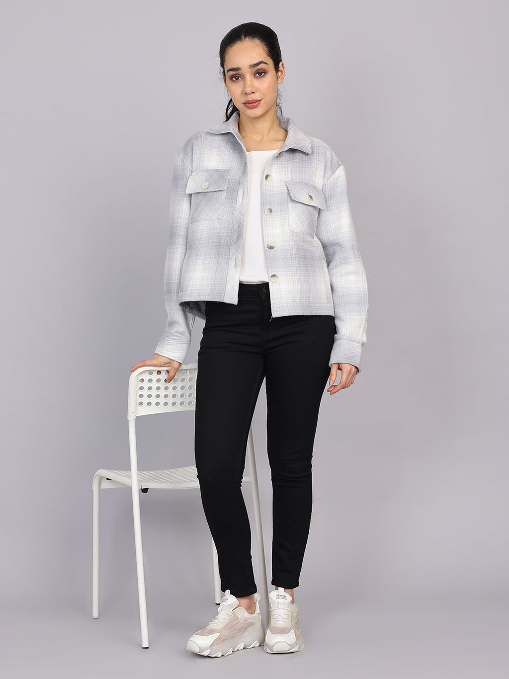 Women’s Grey Checked Woven Shirt (Full Sleeve)
