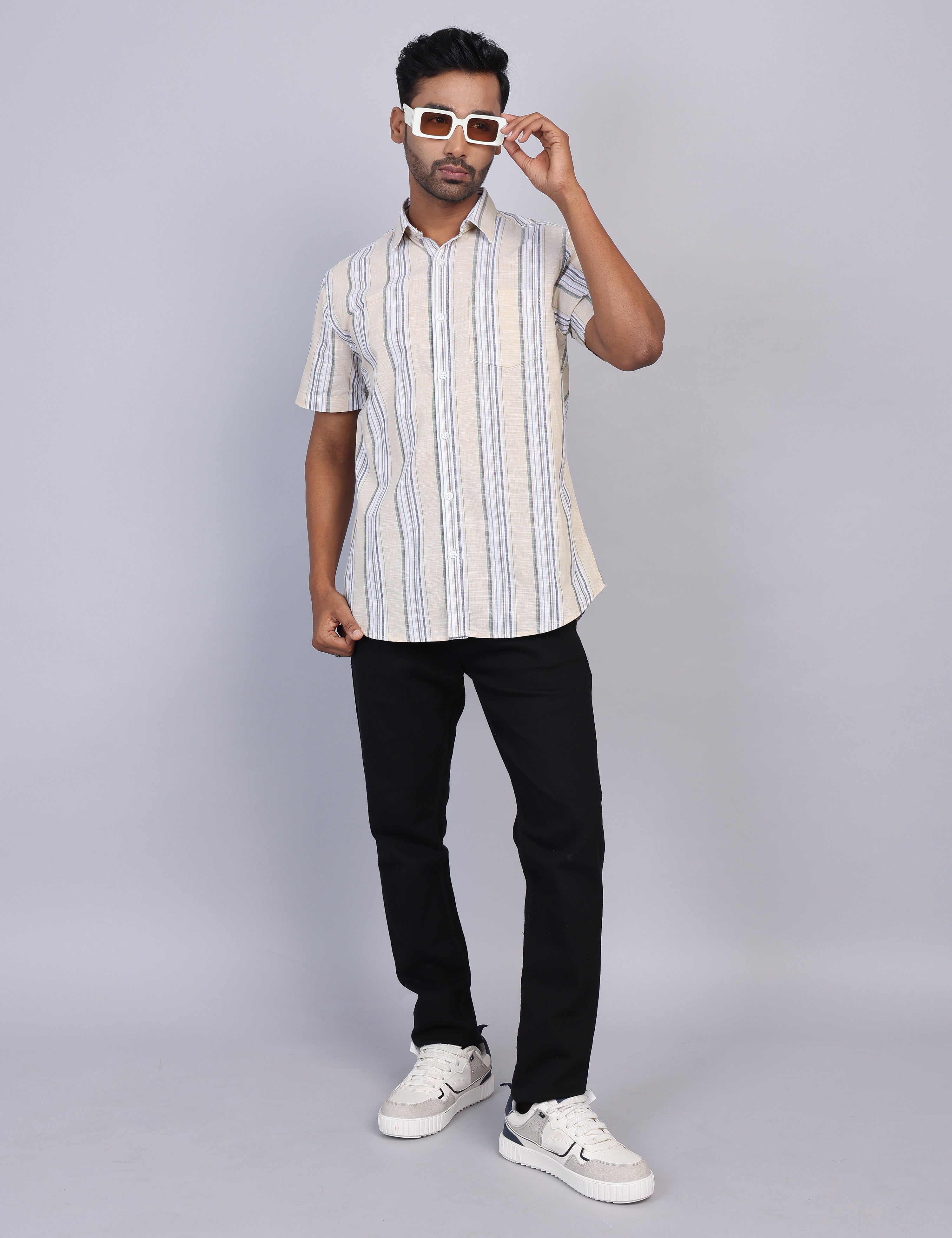 Beige Stripe Half Sleeve Shirt – Regular Fit