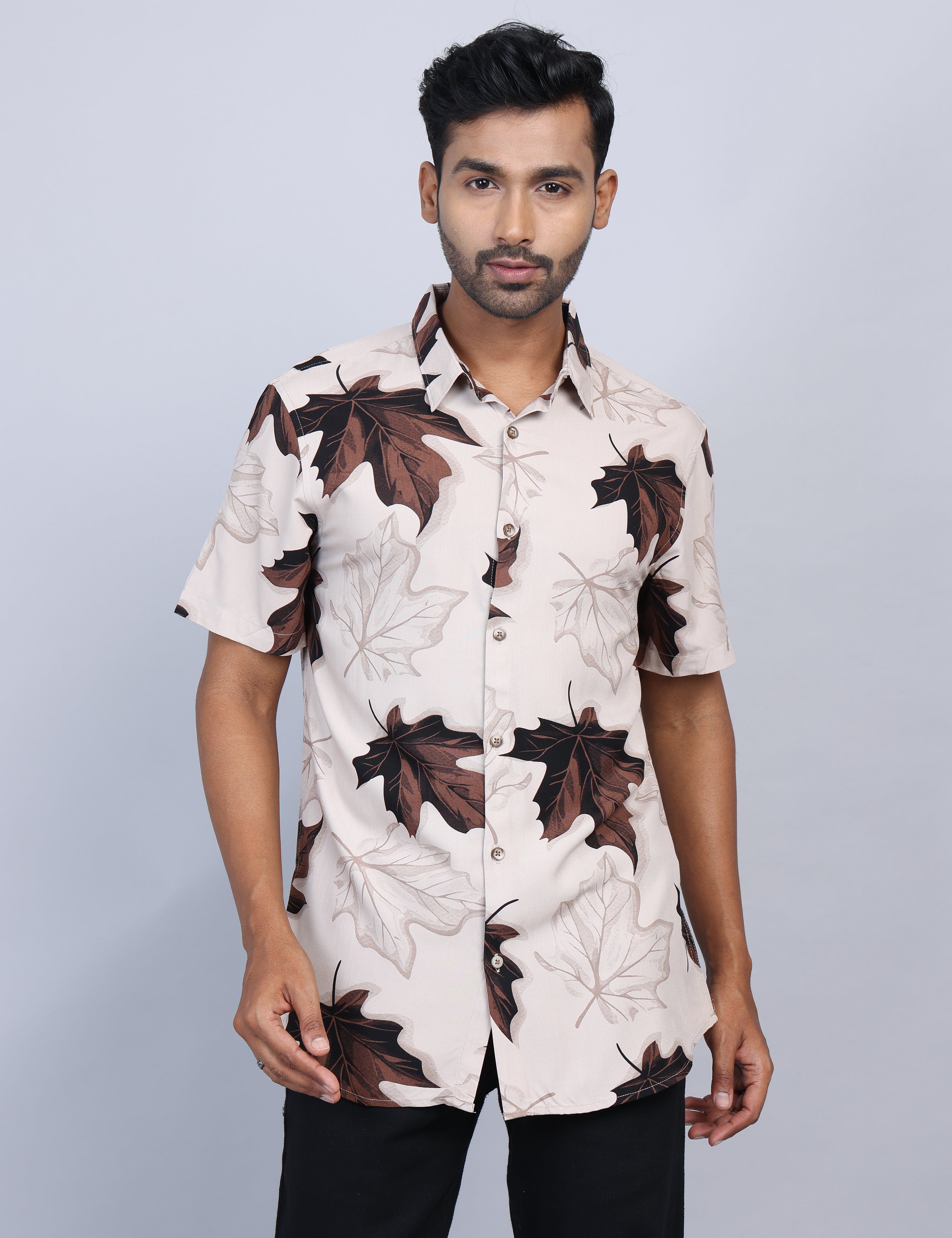Beige Printed Half Sleeve Shirt – Regular Fit