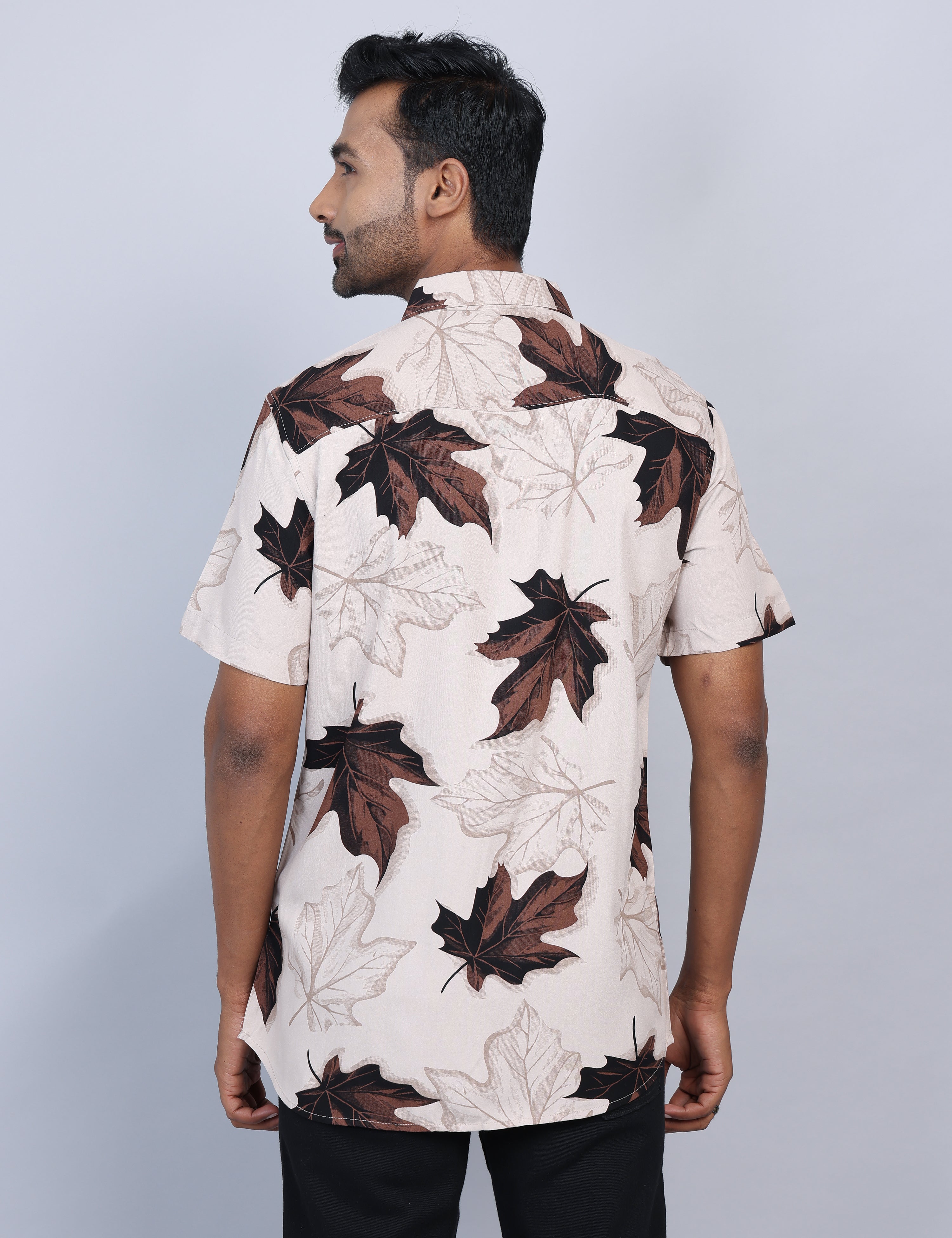 Beige Printed Half Sleeve Shirt – Regular Fit
