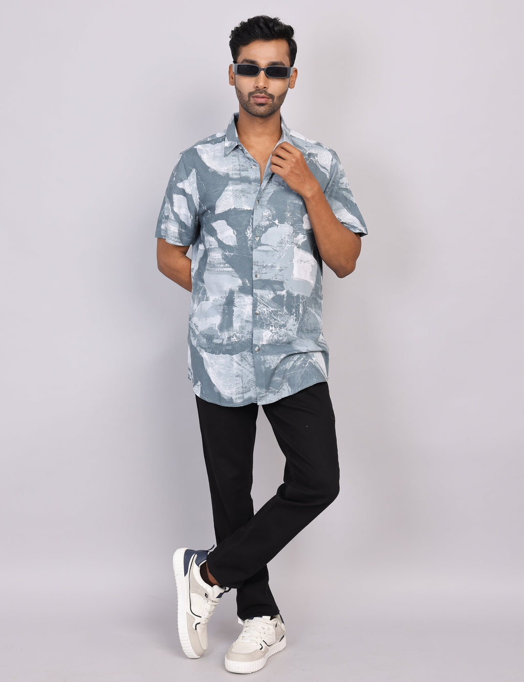 Grey Printed Half Sleeve Shirt – Regular Fit