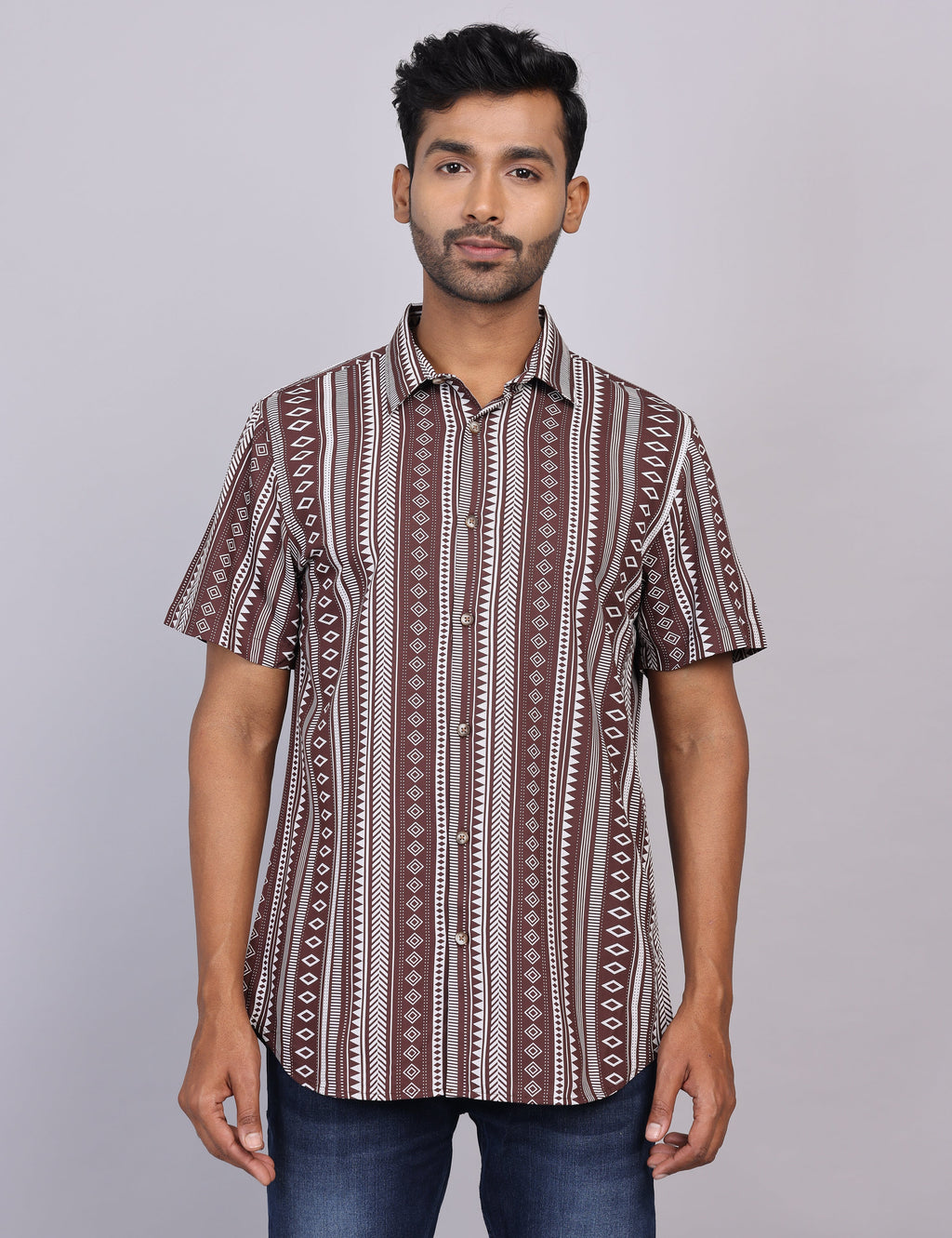 Brown Printed Half Sleeve Shirt – Regular Fit