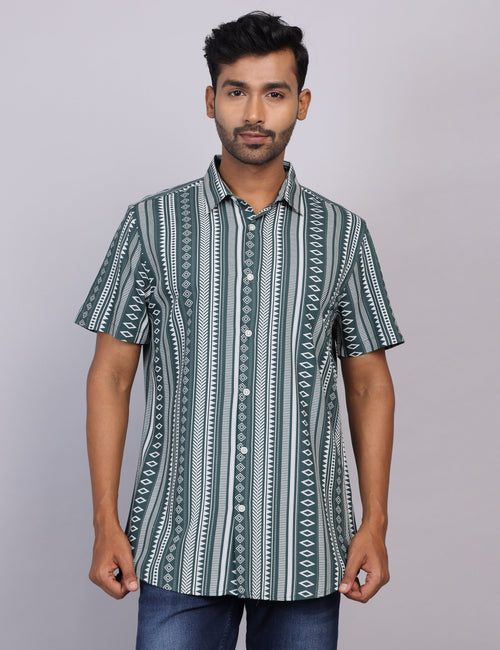 Green Printed Half Sleeve Shirt – Regular Fit