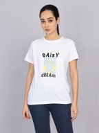 Women’s White Round Neck Chest Print T-Shirt
