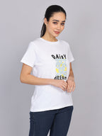 Women’s White Round Neck Chest Print T-Shirt