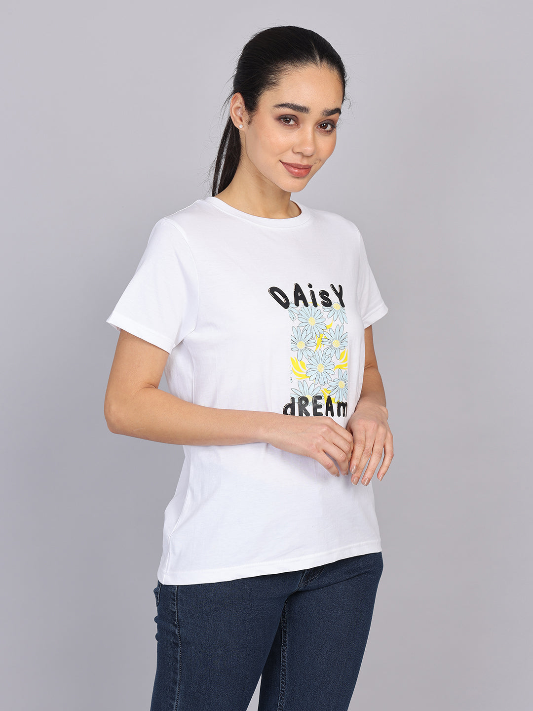 Women’s White Round Neck Chest Print T-Shirt