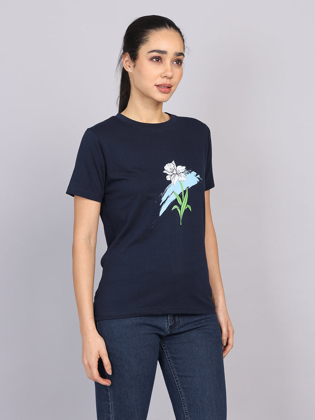 Women’s Navy Round Neck Chest Print T-Shirt