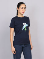 Women’s Navy Round Neck Chest Print T-Shirt